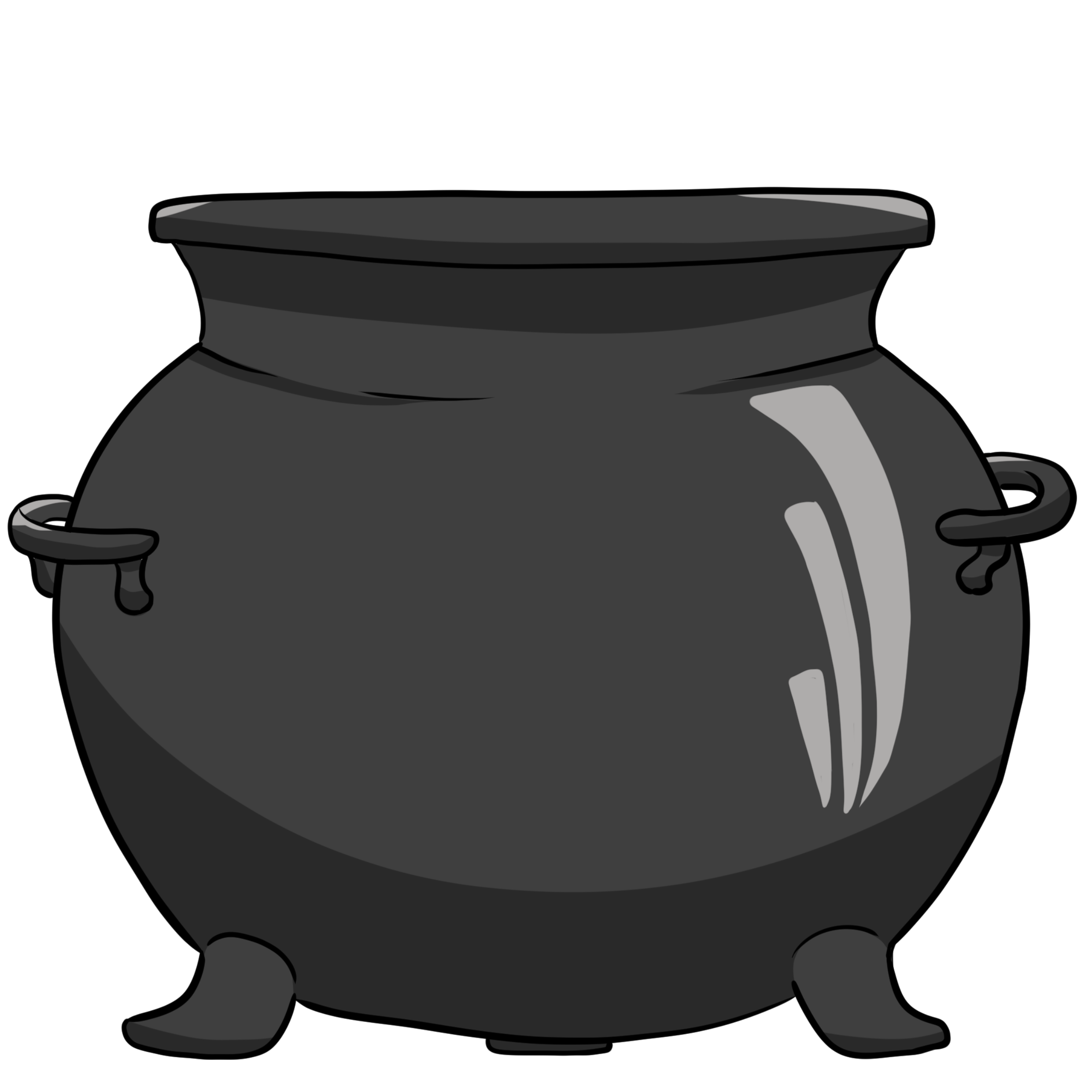 A big round black cauldron on three little feet.